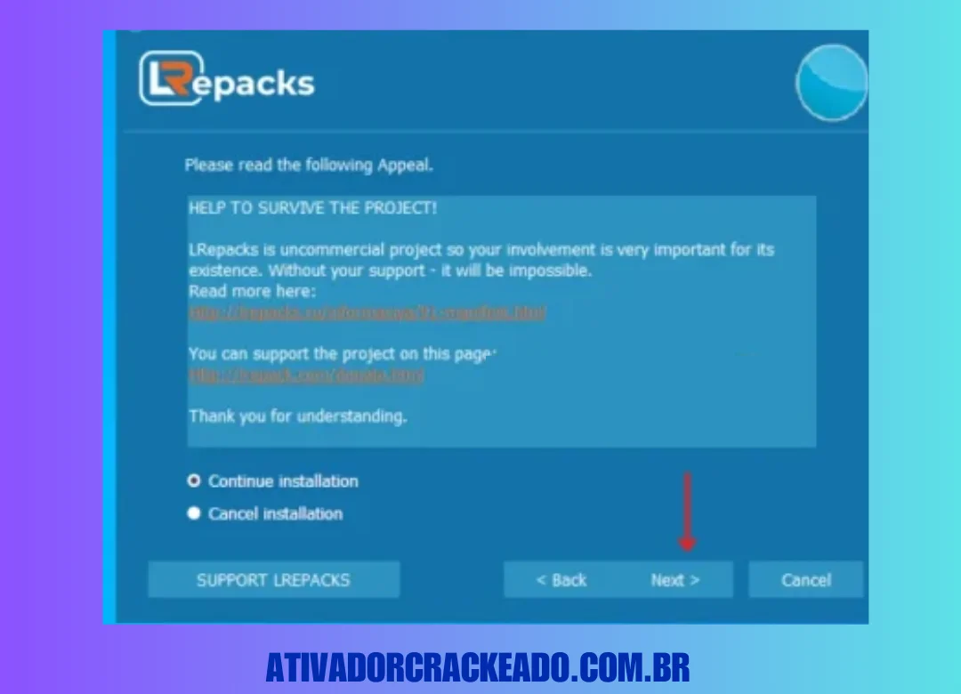 Em seguida, leia a declaração, selecione a opção Continuar instalação e clique em Avançar.