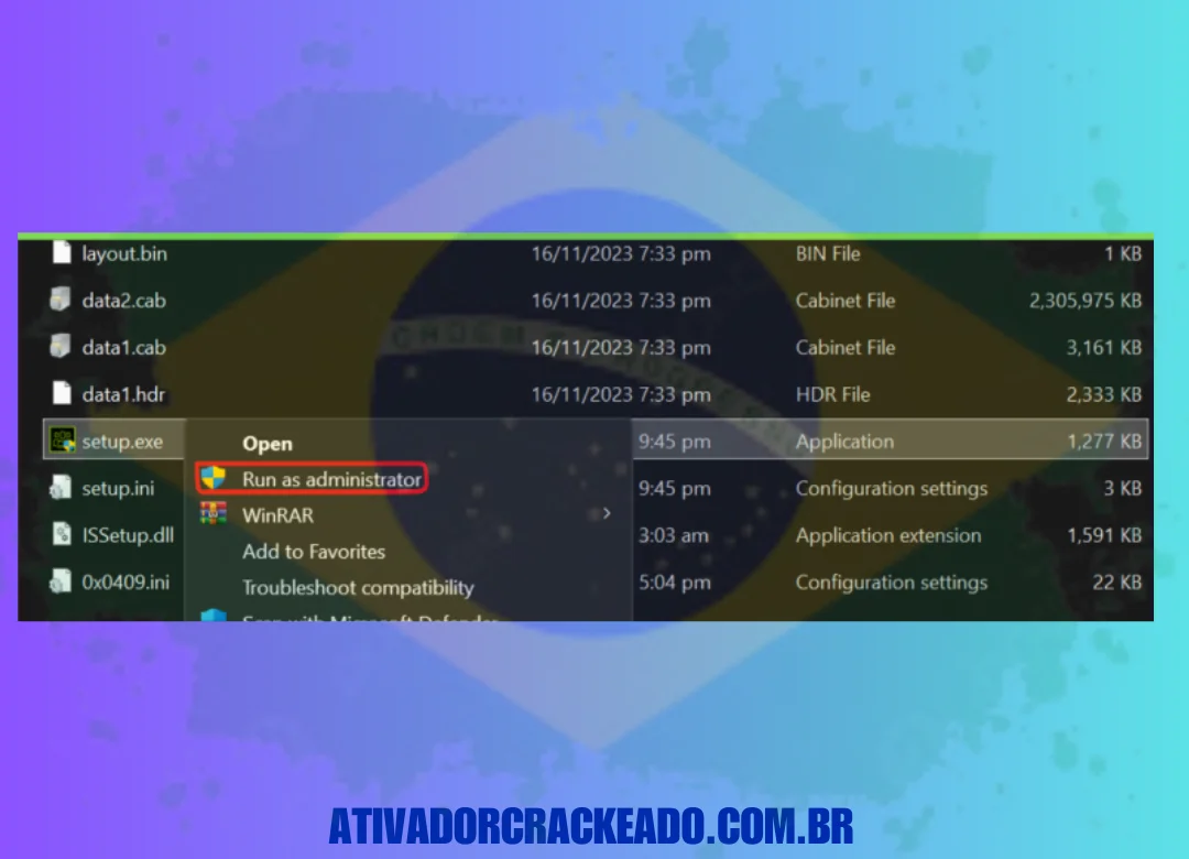 Extraia o arquivo baixado, desligue sua conexão com a internet e execute a instalação como administrador.