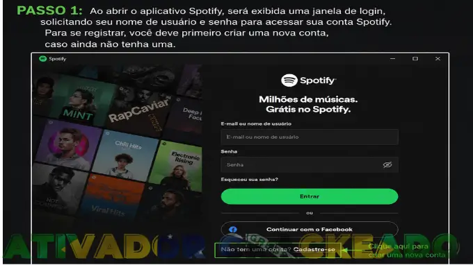 Ao abrir o aplicativo Spotify,será exibida uma janela de login