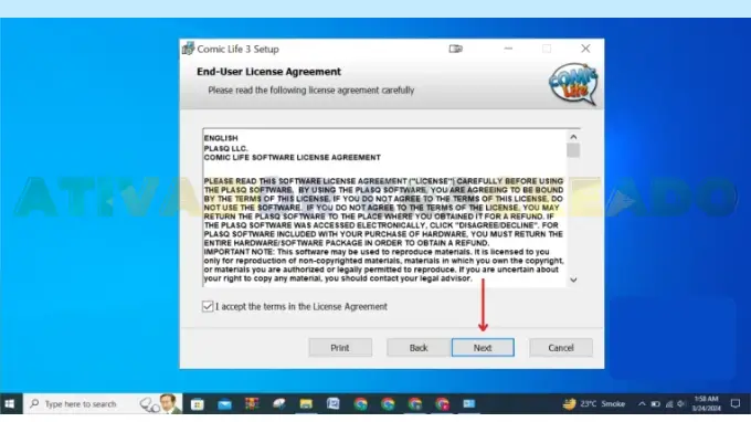 Em seguida, aceite os termos da licença do software e clique em Avançar.