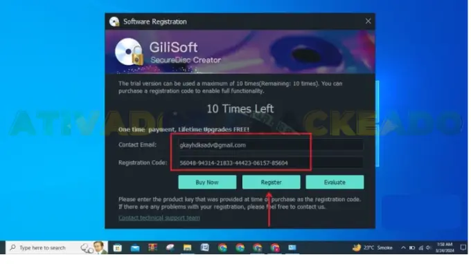 Em seguida, insira seu endereço do Gmail e cole o código de registro que você copiou anteriormente. Depois, clique em Cadastrar.