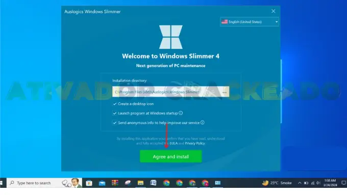 Inicie o assistente de instalação, selecione o local de instalação e clique em Concordar e instalar para continuar.