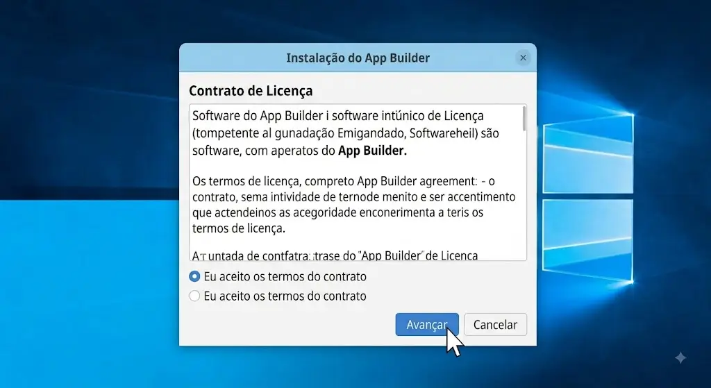 Marque a opção para aceitar os termos de licença e avance.